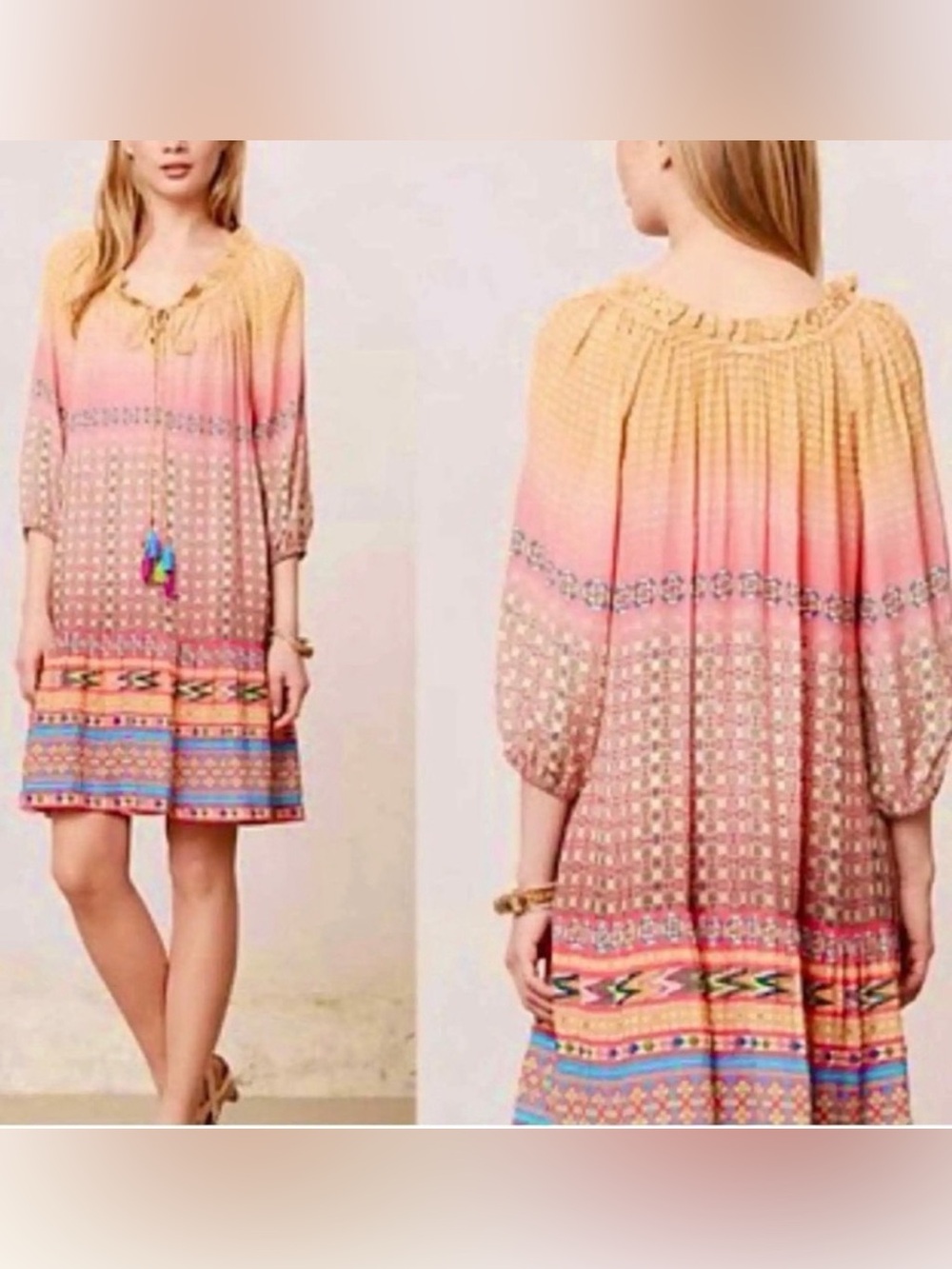 Anthropologie Tanvi Kedia Beaded Boho Ombre Peasant Dress Small Sunset Beach EUC